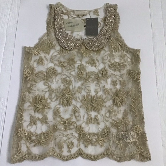 Anthropologie Moulinette Soeurs Sheer Gold Lace Top - Picture 11 of 12